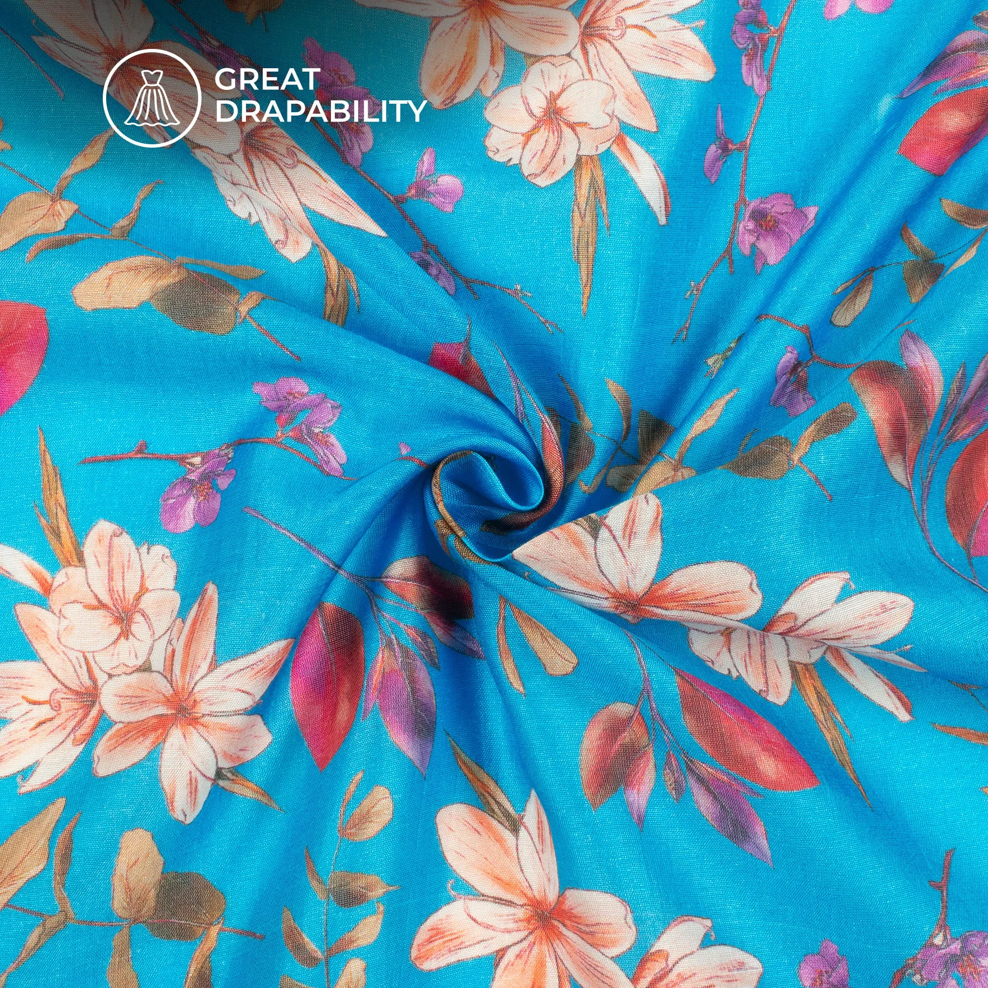 Azure Blue Floral Printed Sustainable Orange Fabric