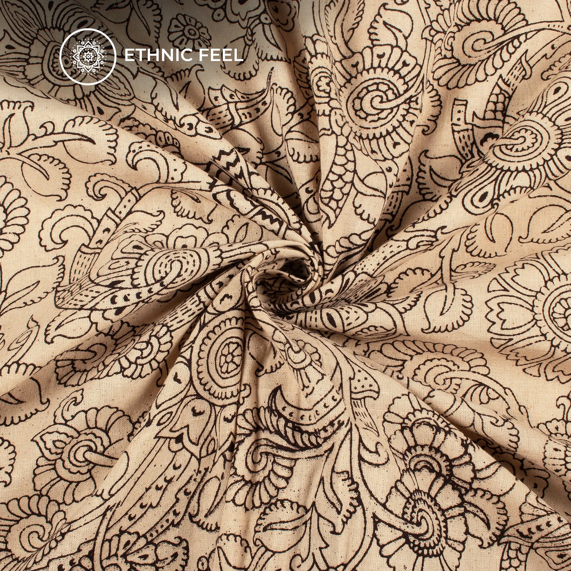 Black And Beige Floral Kalamkari Cotton Fabric