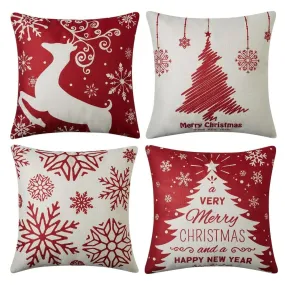 GARVEE Christmas Linen Pillow Covers Snowflake Deer Tree Print Decorative Pillowshams 18×18 Inches 4 pcs Rustic Pillow Case for Living Room Bedroom Dining Room