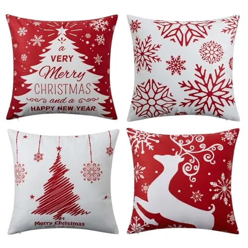 GARVEE Christmas Pillow Covers 18x18 Set of 4 Red Christmas Decorative Throw Pillow Covers with Snowflake Santa Trees Christmas Farmhouse Decor for Couch Bed, Red