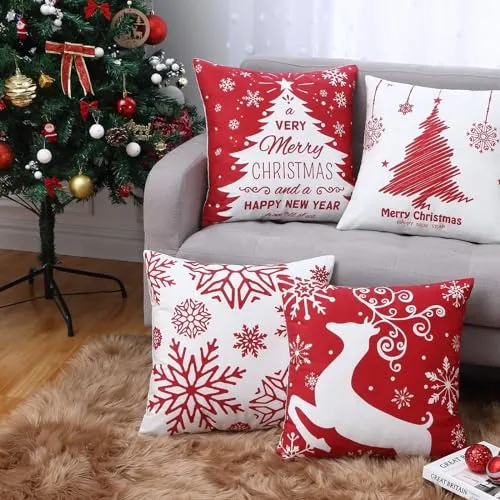 GARVEE Christmas Pillow Covers 18x18 Set of 4 Red Christmas Decorative Throw Pillow Covers with Snowflake Santa Trees Christmas Farmhouse Decor for Couch Bed, Red