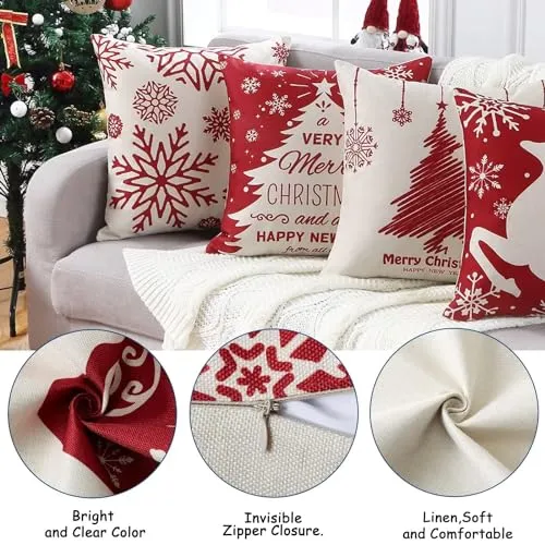 GARVEE Christmas Pillow Covers 18x18 Set of 4 Red Christmas Decorative Throw Pillow Covers with Snowflake Santa Trees Christmas Farmhouse Decor for Couch Bed, Red