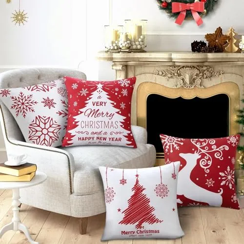 GARVEE Christmas Pillow Covers 18x18 Set of 4 Red Christmas Decorative Throw Pillow Covers with Snowflake Santa Trees Christmas Farmhouse Decor for Couch Bed, Red