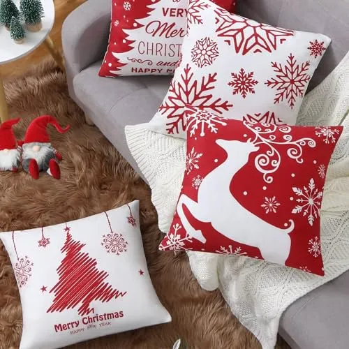 GARVEE Christmas Pillow Covers 18x18 Set of 4 Red Christmas Decorative Throw Pillow Covers with Snowflake Santa Trees Christmas Farmhouse Decor for Couch Bed, Red