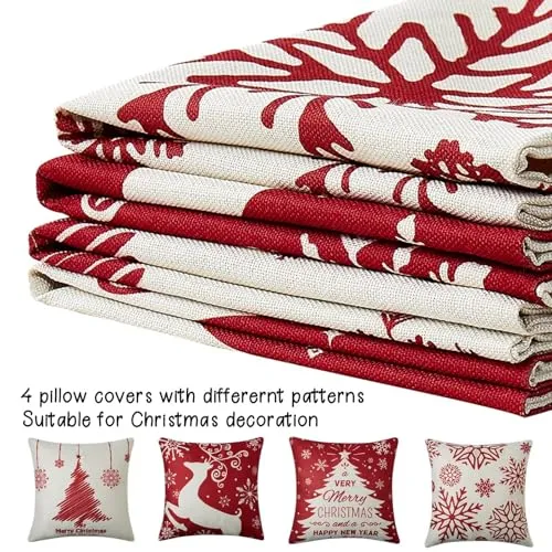 GARVEE Christmas Pillow Covers 18x18 Set of 4 Red Christmas Decorative Throw Pillow Covers with Snowflake Santa Trees Christmas Farmhouse Decor for Couch Bed, Red