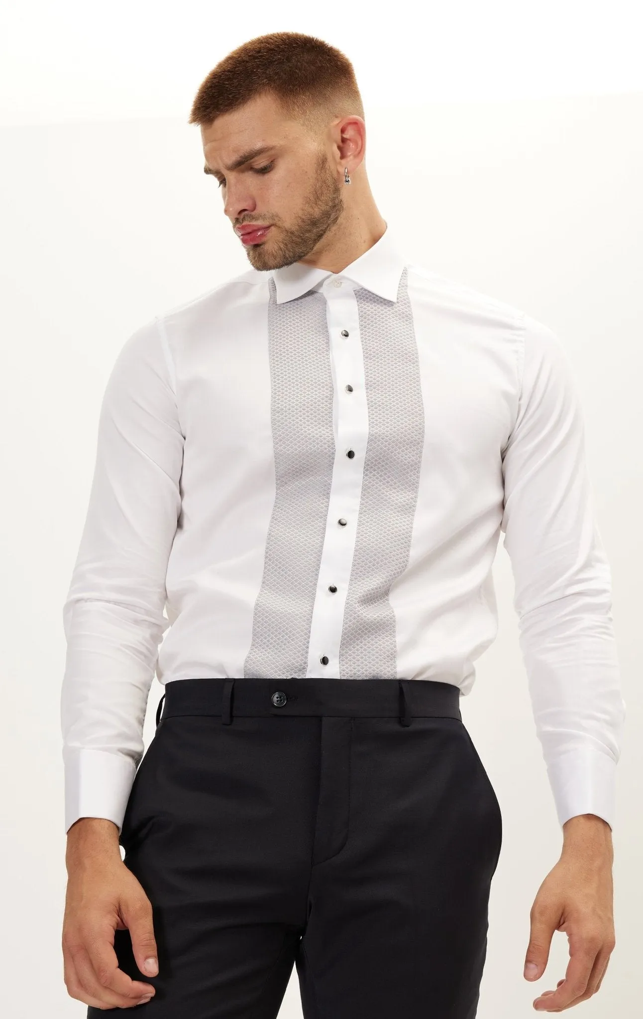 Lurex Paneled Spread Collar Shirt - White Grey