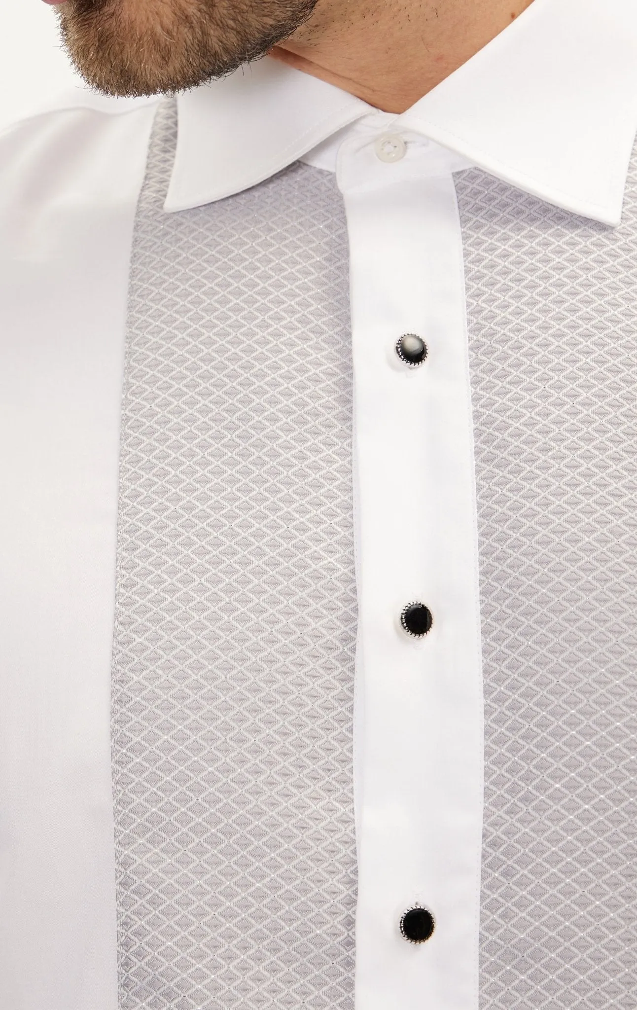 Lurex Paneled Spread Collar Shirt - White Grey