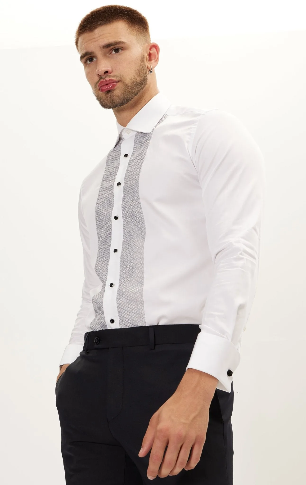 Lurex Paneled Spread Collar Shirt - White Grey