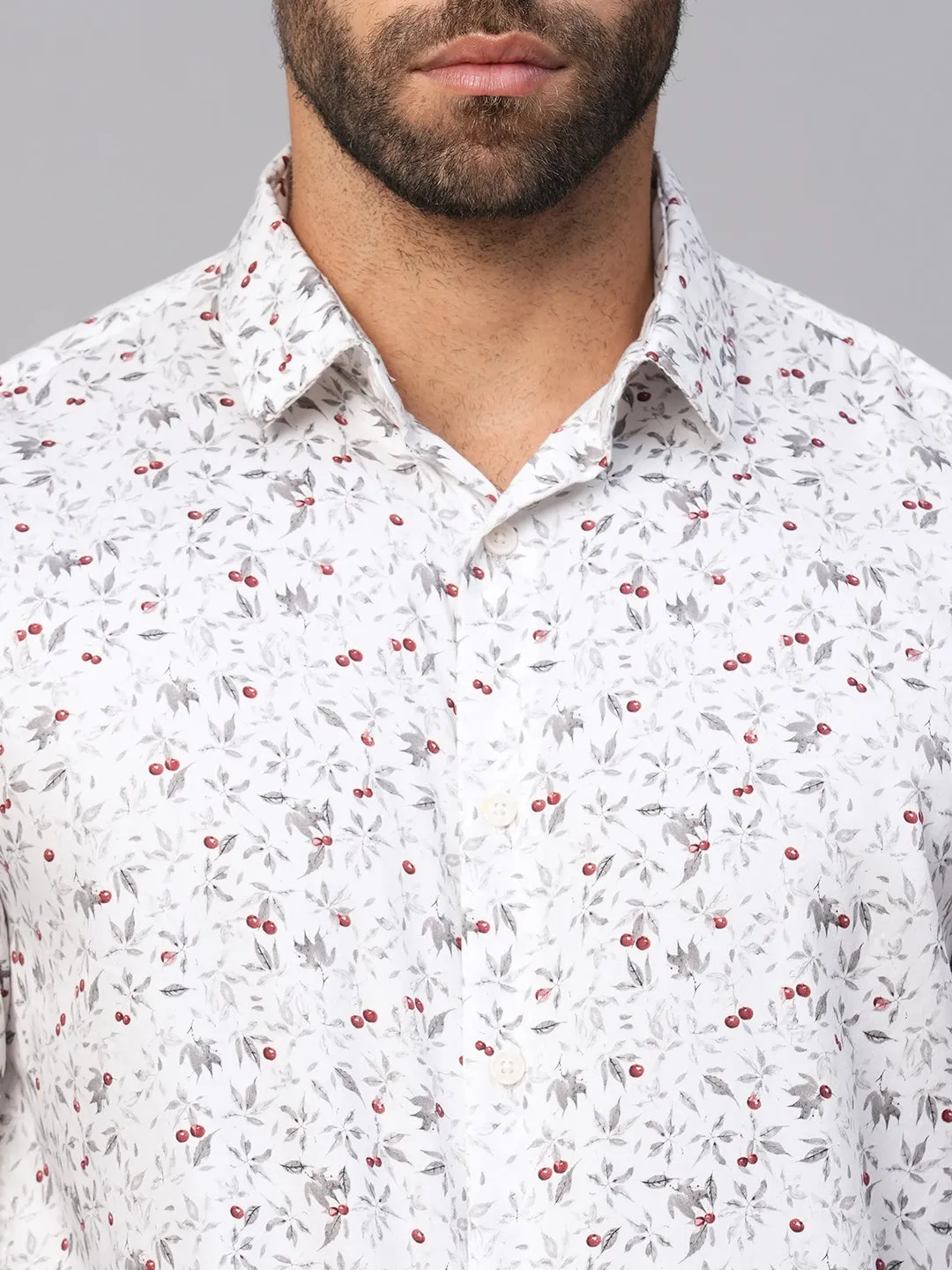 Men's White Cotton Slim Fit Printed Shirt