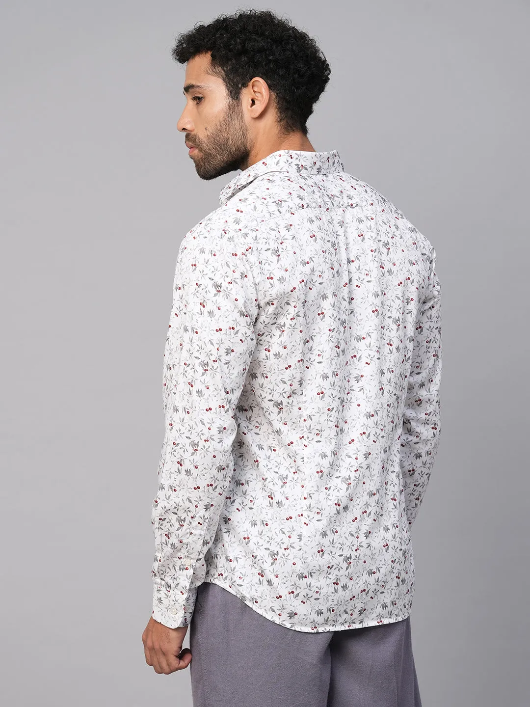 Men's White Cotton Slim Fit Printed Shirt